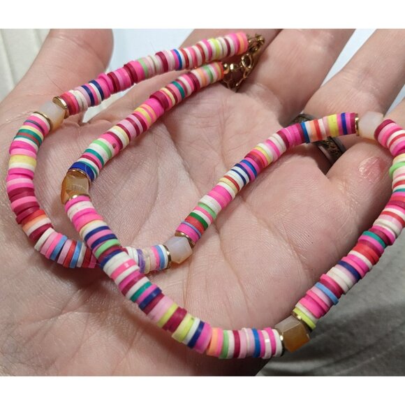 Pink Vinyl Disc Beaded Necklace With Faceted Glass Accents - Picture 3 of 5